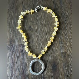 Vintage Vibes Yellow Beaded Necklace With Hammered Texture Circle Pendant